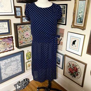 80s Vintage Navy Blue and White Scoop Neck Tulip Sleeve Dress with Side Ties XL